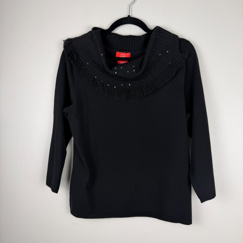 Oscar By Oscar De La Renta Co Sweater Womens Large Black Cowl Neck Sequin Fringe